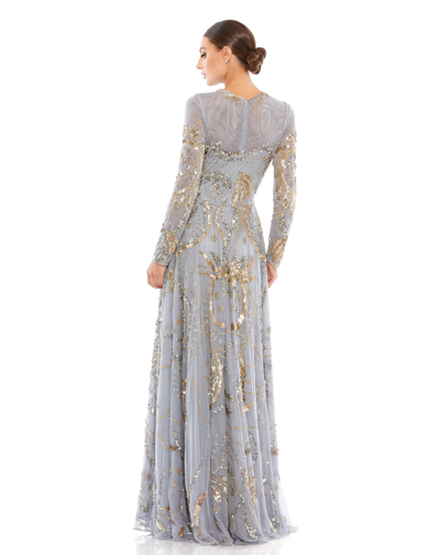 Mac Duggal Long Sleeve Embellished Illusion Evening Gown In Platinum/gold