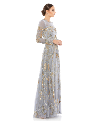 Shop Mac Duggal Long Sleeve Embellished Illusion Evening Gown In Platinum/gold