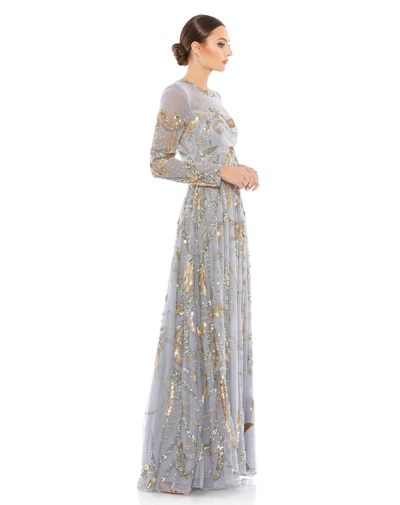 Mac Duggal Long Sleeve Embellished Illusion Evening Gown In Platinum/gold