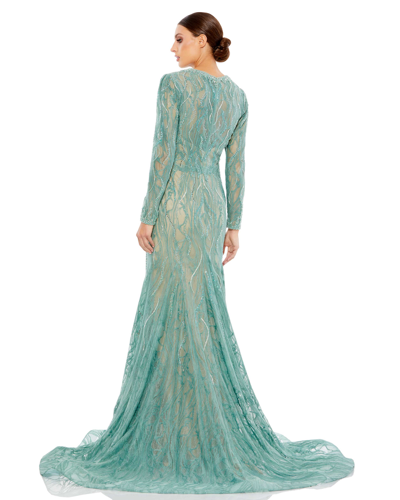 Shop Mac Duggal Beaded Illusion Long Sleeve Plunge Neck Gown In Sage