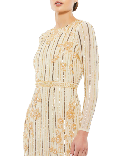 Shop Mac Duggal Long Sleeve Tea Length Dress In Nude Gold