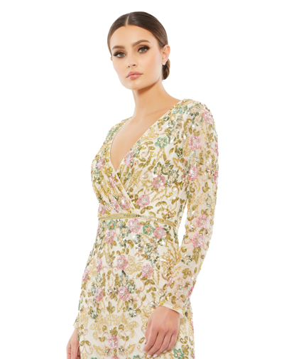 Shop Mac Duggal Long Sleeve Floral Embellished Gown In Nude/multi
