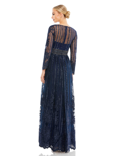 Shop Mac Duggal Long Sleeve Floral Illusion Beaded Gown In Navy