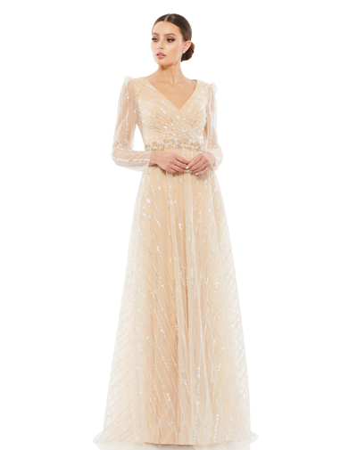 Mac Duggal Long-sleeve Beaded Stripe A-line Gown In Champagne