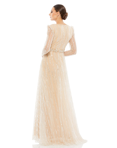 Shop Mac Duggal Long Sleeve Gown With Silver Sequin In Champagne