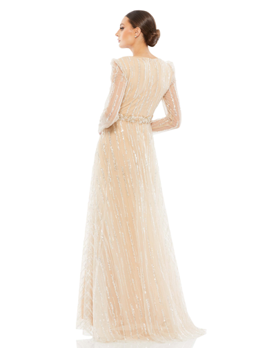 Mac Duggal Long-sleeve Beaded Stripe A-line Gown In Champagne