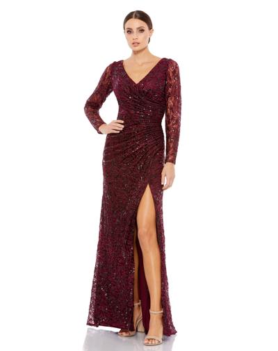 Shop Mac Duggal Long Sleeve Ruched Sequined V-neck Gown In Garnet