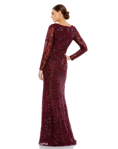 Shop Mac Duggal Long Sleeve Ruched Sequined V-neck Gown In Garnet