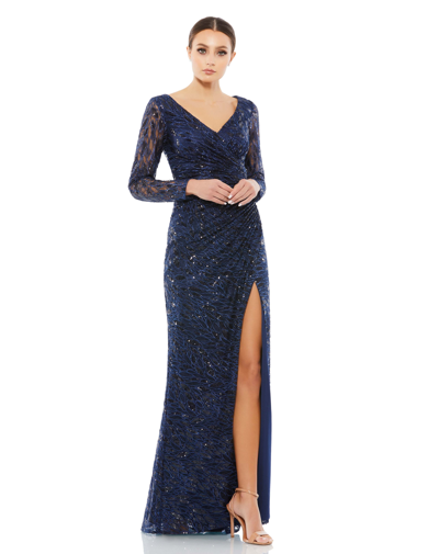 Shop Mac Duggal Long Sleeve Ruched Sequined V-neck Gown In Midnight