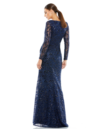 Shop Mac Duggal Long Sleeve Ruched Sequined V-neck Gown In Midnight