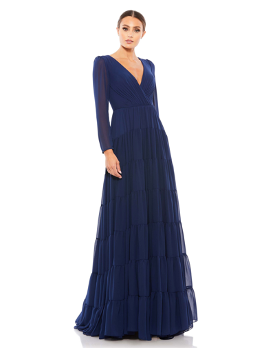 Shop Ieena For Mac Duggal Faux Wrap Illusion Long Sleeve Tiered Gown In Midnight