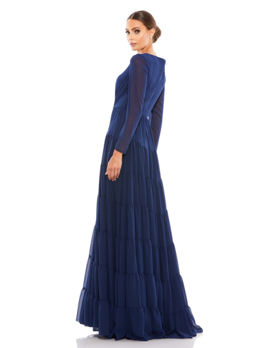 Shop Ieena For Mac Duggal Faux Wrap Illusion Long Sleeve Tiered Gown In Midnight