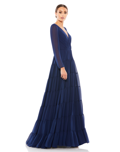 Shop Ieena For Mac Duggal Faux Wrap Illusion Long Sleeve Tiered Gown In Midnight