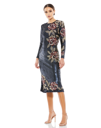 Shop Mac Duggal Sequined Asymmetrical Floral Long Sleeve Midi Dress In Midnight
