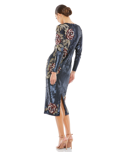Shop Mac Duggal Sequined Asymmetrical Floral Long Sleeve Midi Dress In Midnight
