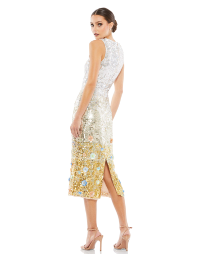 Shop Mac Duggal Metallic Ombré Floral Embellished Sleeveless Midi Dress In Silver/multi