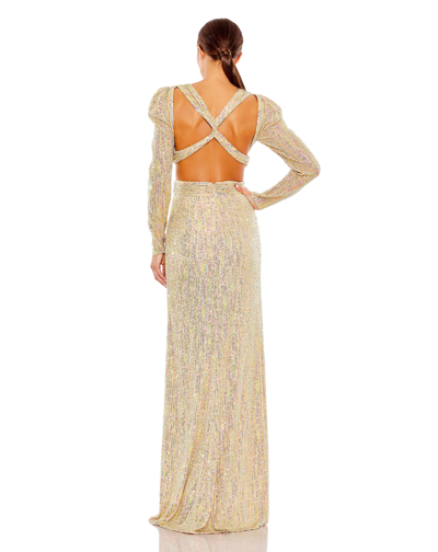 Shop Ieena For Mac Duggal Metallic Puff Sleeve Front Twist Cut Out Gown In Gold