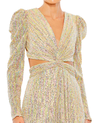 Ieena For Mac Duggal Metallic Puff Sleeve Front Twist Cut Out Gown In Gold