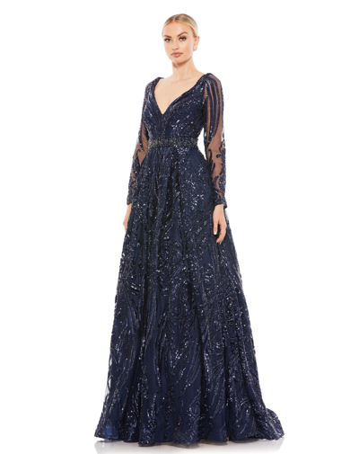 Shop Mac Duggal Long Sleeve Embellished Evening Gown In Midnight