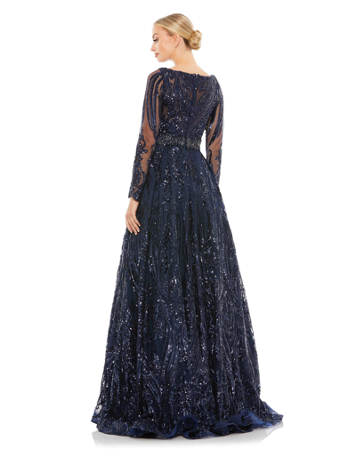 Mac Duggal Midnight Long Sleeve Embellished Evening Gown In Midnight