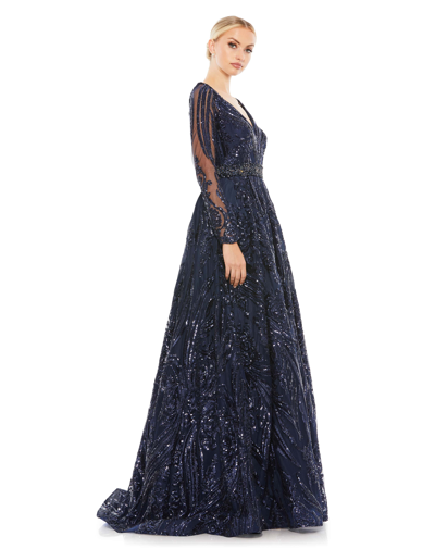 Shop Mac Duggal Long Sleeve Embellished Evening Gown In Midnight