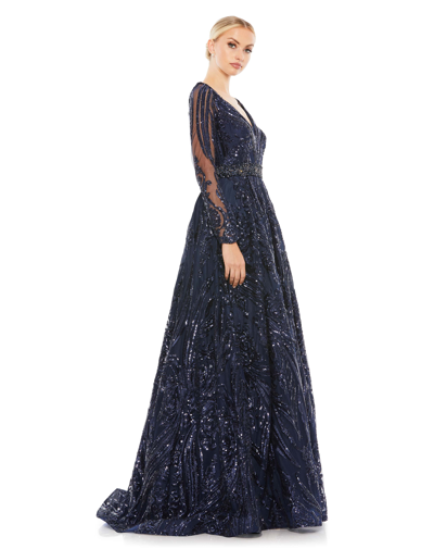 Mac Duggal Midnight Long Sleeve Embellished Evening Gown In Midnight