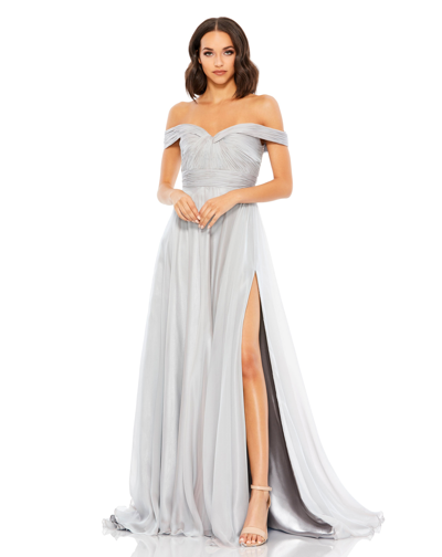 Shop Mac Duggal Off The Shoulder Ruched A Line Gown In Pearl Grey