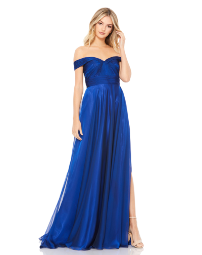 Shop Mac Duggal Off The Shoulder Ruched A Line Gown In Sapphire