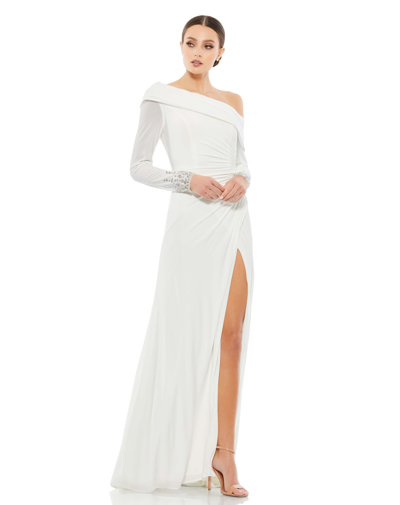 Shop Mac Duggal Beaded Cuff Drop Shoulder Faux Wrap Gown In White