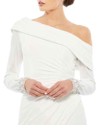 Shop Mac Duggal Beaded Cuff Drop Shoulder Faux Wrap Gown In White