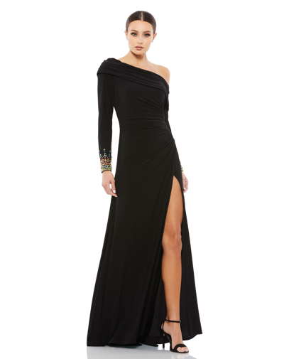 Shop Mac Duggal Beaded Cuff Drop Shoulder Faux Wrap Gown In Black Multi