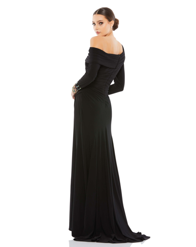 Shop Mac Duggal Beaded Cuff Drop Shoulder Faux Wrap Gown In Black Multi