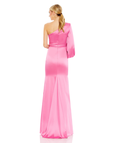 Shop Ieena For Mac Duggal One Shoulder Bishop Sleeve Trumpet Gown In Candy Pink