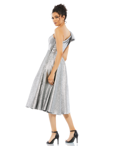 Shop Mac Duggal One Shoulder Bow Midi Dress In Silver
