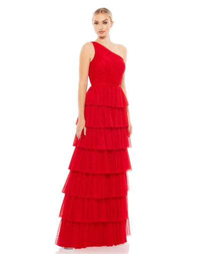 Shop Ieena For Mac Duggal One Shoulder Layered Tiered Tulle Gown In Red