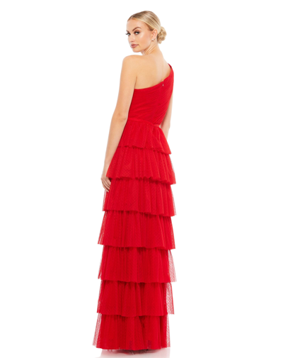 Ieena For Mac Duggal One-shoulder Ruffle-tiered A-line Gown In Red