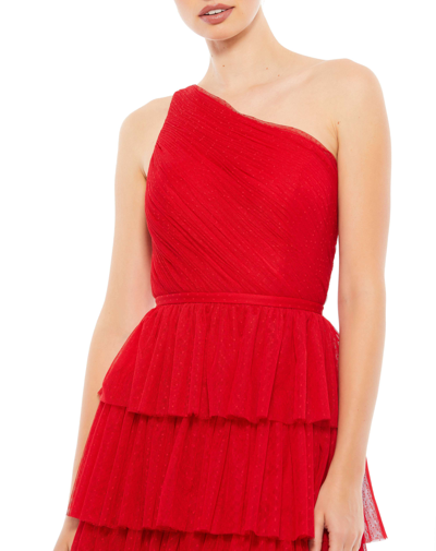 Ieena For Mac Duggal One-shoulder Ruffle-tiered A-line Gown In Red