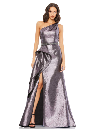 Shop Mac Duggal One Shoulder Metallic Ruffled Evening Gown In Amethyst