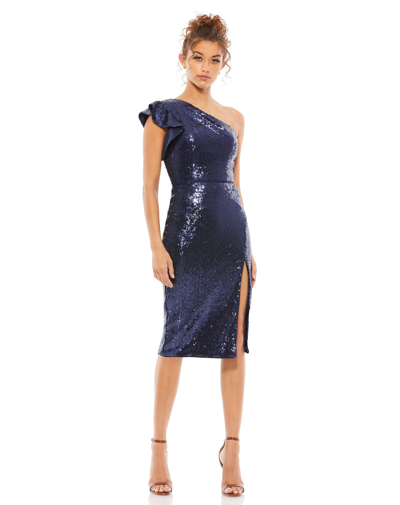 Shop Ieena For Mac Duggal One Shoulder Ruffled Sequined Midi Dress In Midnight