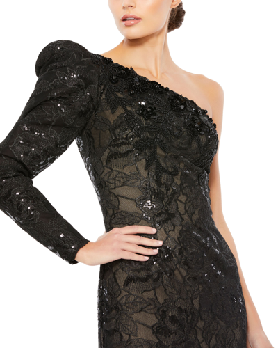 Shop Mac Duggal Embellished One Puff Sleeve Trumpet Gown In Black