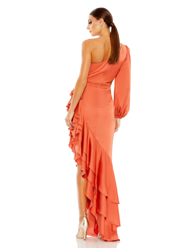 Shop Ieena For Mac Duggal One Sleeve Cut Out Asymmetrical Ruffled Gown In Orange