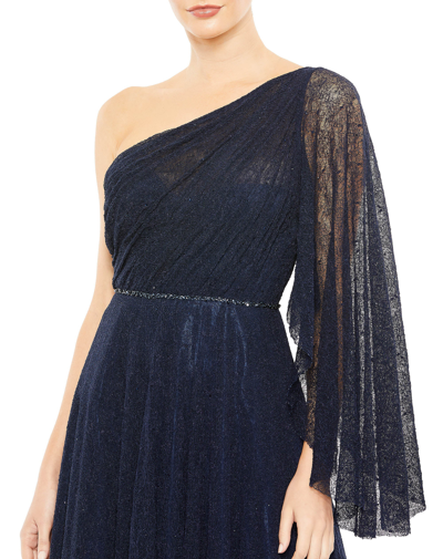 Shop Mac Duggal Lace One Shoulder Illusion Sleeve A Line Gown In Navy
