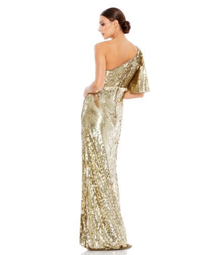Shop Mac Duggal Embellished Cap Sleeve Cowl Neck Trumpet Gown In Gold