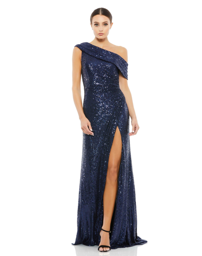 Shop Ieena For Mac Duggal One-shoulder Ruched Sequined Gown In Midnight