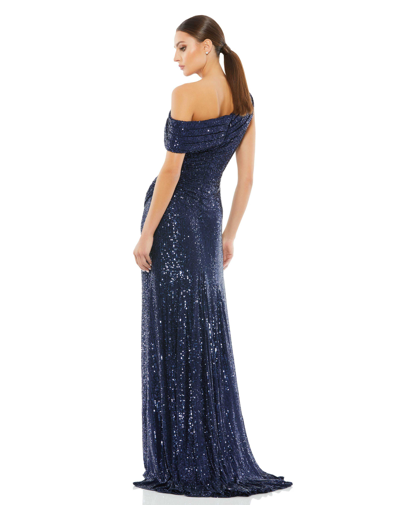 Shop Ieena For Mac Duggal One-shoulder Ruched Sequined Gown In Midnight