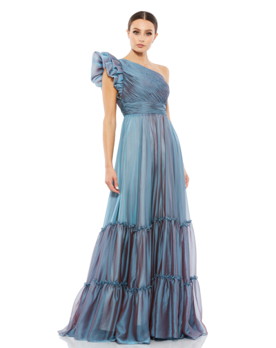 Shop Mac Duggal Organza One-shoulder Pleated Gown In Fusion/blue