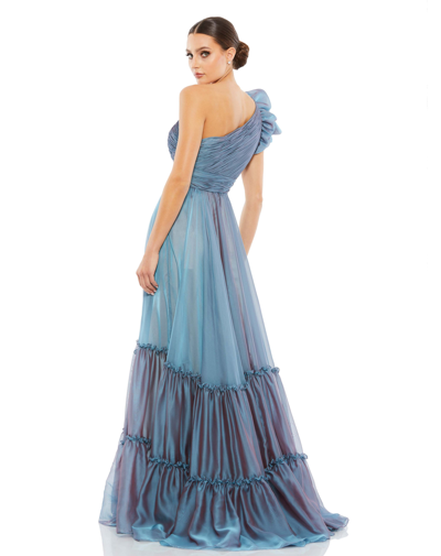 Shop Mac Duggal Organza One-shoulder Pleated Gown In Fusion/blue