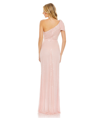 Shop Mac Duggal Pearl Embellished Soft Tie One Shoulder Gown In Pink
