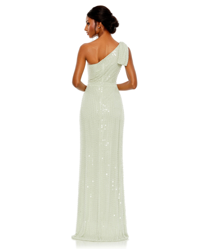 Shop Mac Duggal Pearl Embellished Soft Tie One Shoulder Gown In Mint