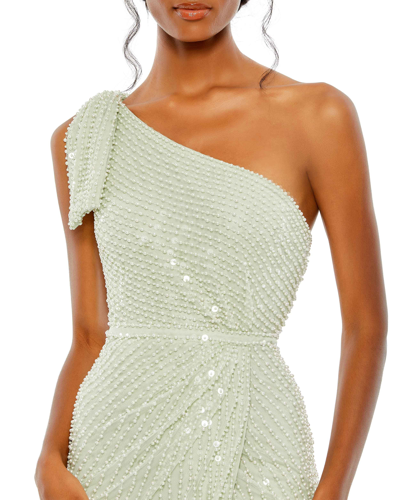 Shop Mac Duggal Pearl Embellished Soft Tie One Shoulder Gown In Mint